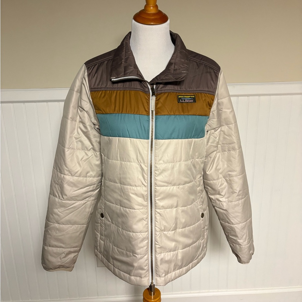 L.L. Bean Women's Cream, Brown, and Blue Puffer Jacket